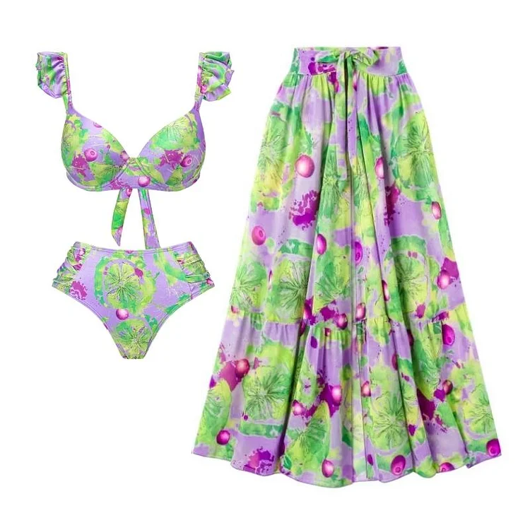 Flaxmaker Mini Ruffled Printed Bikini Swimsuit and Skirt