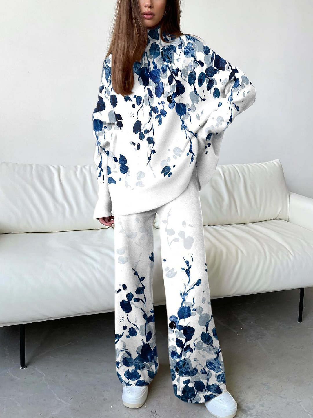 Women's Elegant Blue Gradient Floral Print Suit