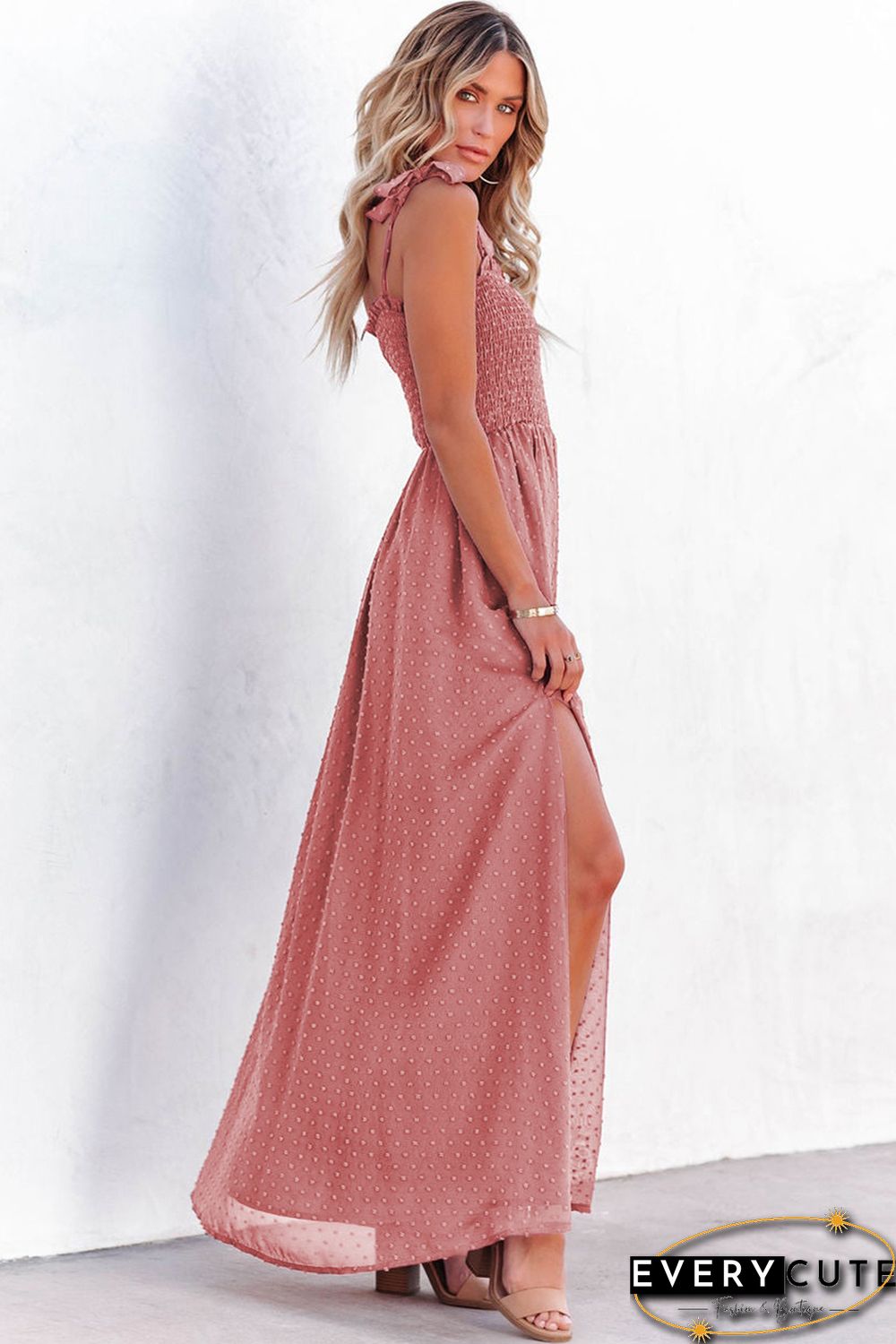 Red Smocked Swiss Dot Maxi Dress