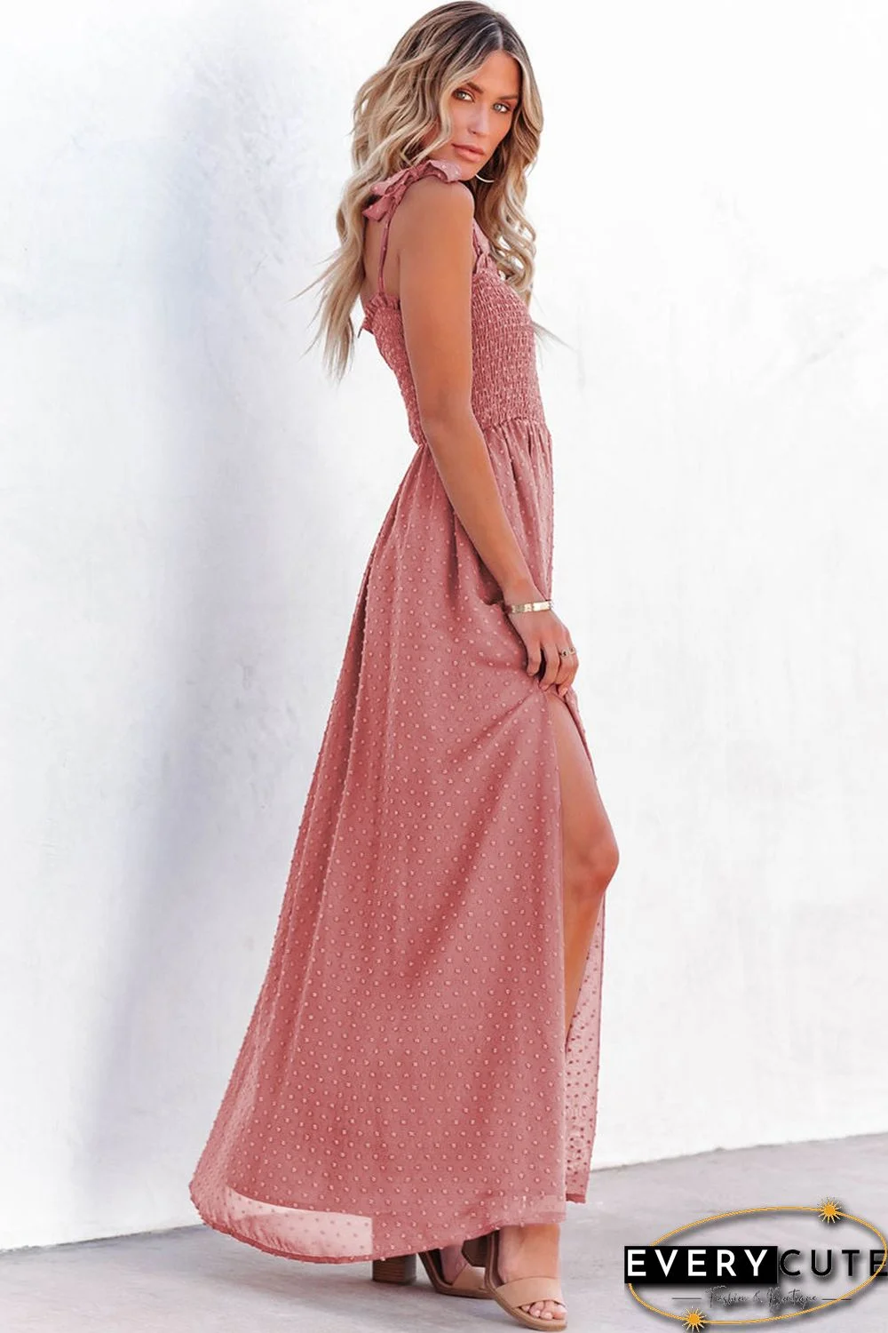 Red Smocked Swiss Dot Maxi Dress