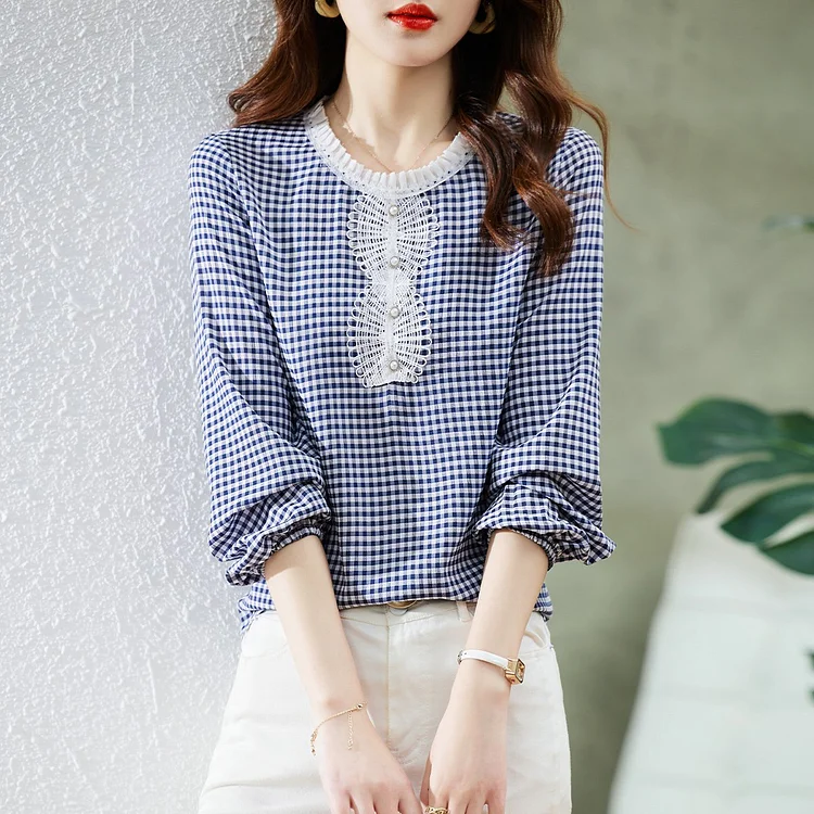Blue Long Sleeve Paneled Checkered/plaid Cotton-Blend Shirts & Tops QueenFunky