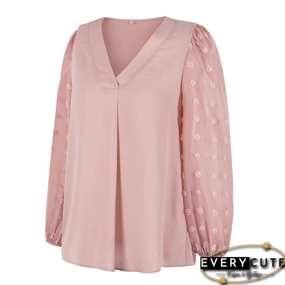 Pink V Neck Chiffon Long Sleeve Blouse