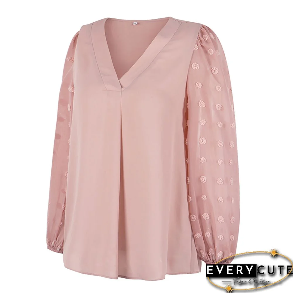 Pink V Neck Chiffon Long Sleeve Blouse