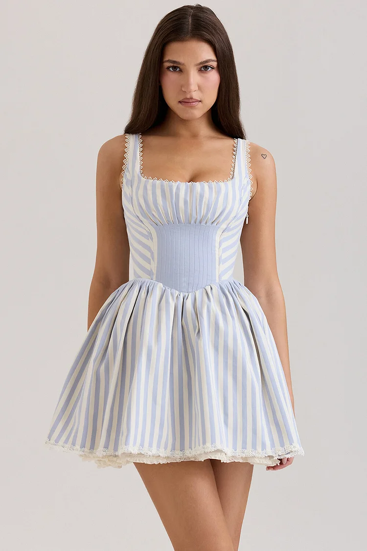 Striped Print Square Neck Cinch Waist Mini Tank Dresses-Blue [Pre Order]