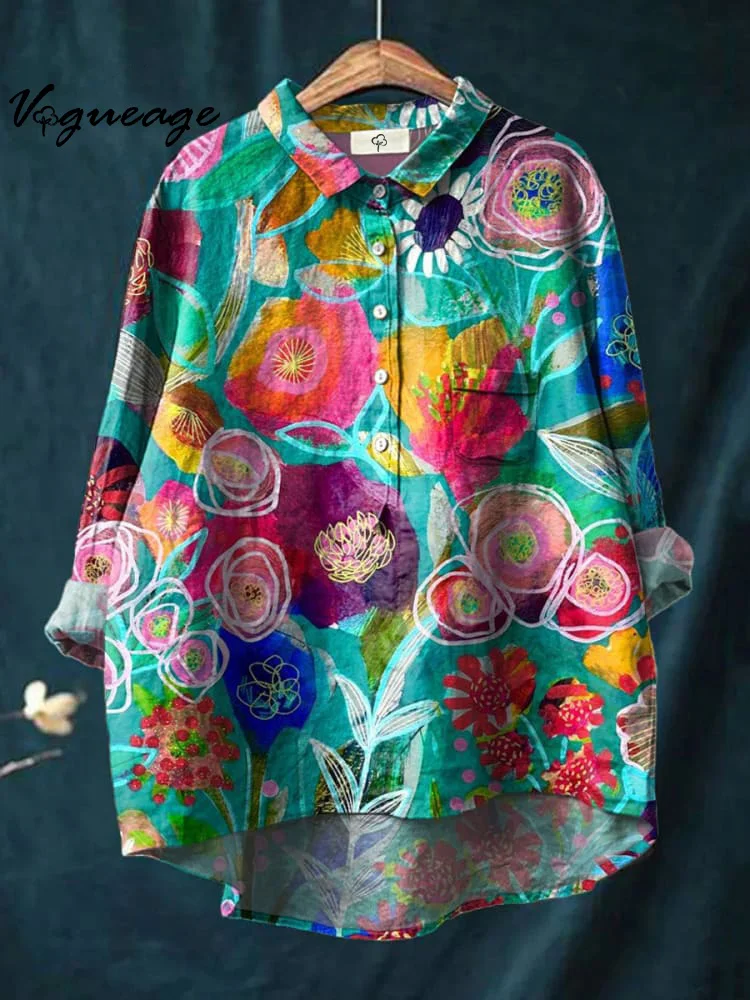 Women's Watercolor Printed Cotton And Linen Shirt