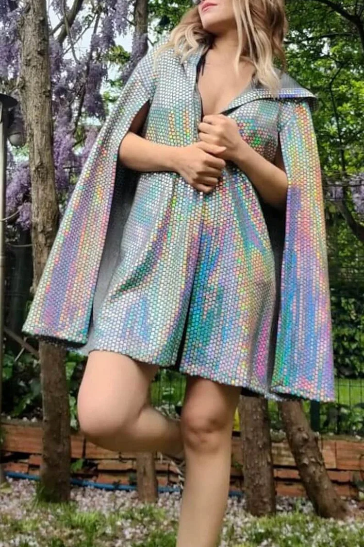 Ciciful Iridescent Laser Sequin Hooded Festival Cape