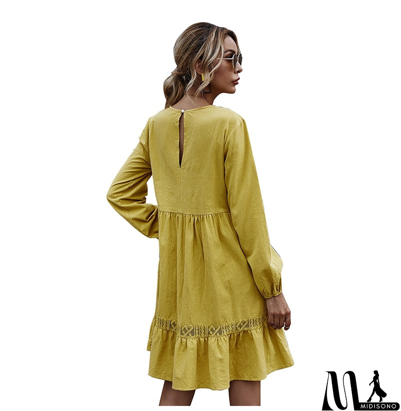 MidiSono - Woman Dress Autumn Winter Casual Lace Stitching Yellow Long Sleeve Loose Vintage Dresses For Women Clothes  Ladies