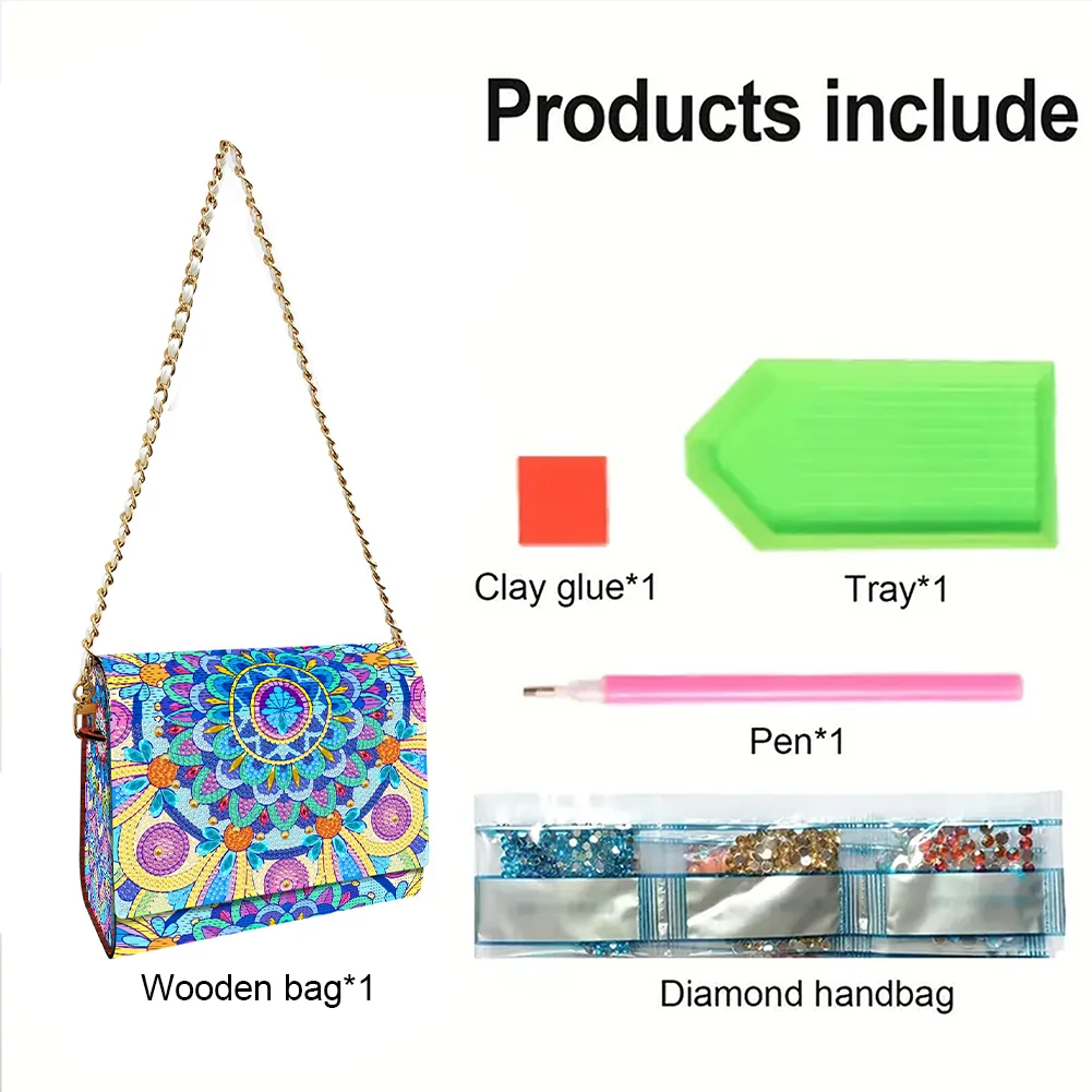 DIY Mandala Diamond Art Wooden Coin Pouch with Chain 5D Diamond Painting Purse