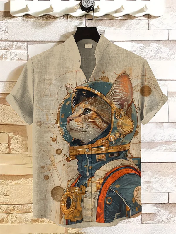Men's Astronaut Cat Surreal Art Print Short Sleeve Shirt