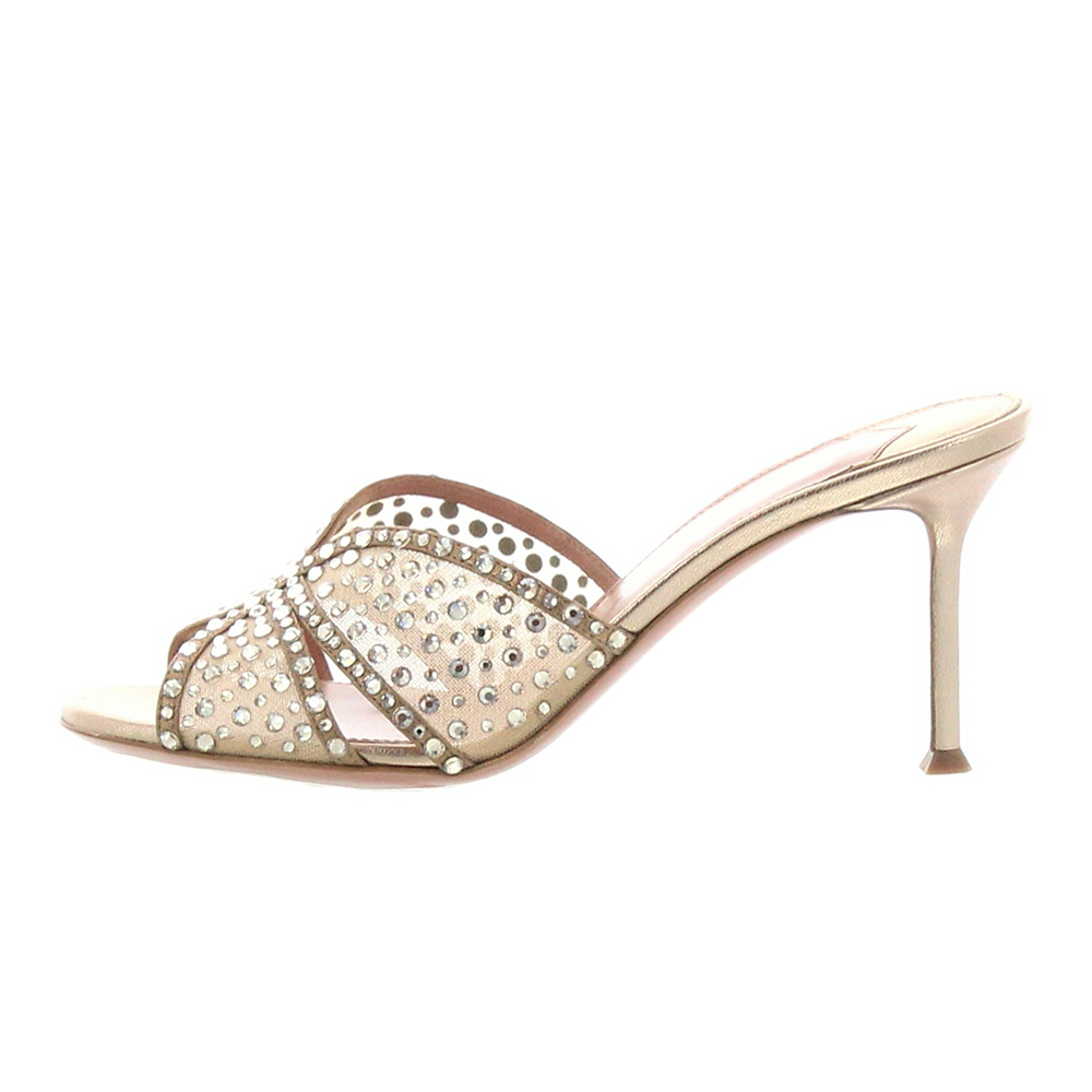 Champagne Open Round Toe Stiletto Heel Mules for Women with Rhinestone Nicepairs