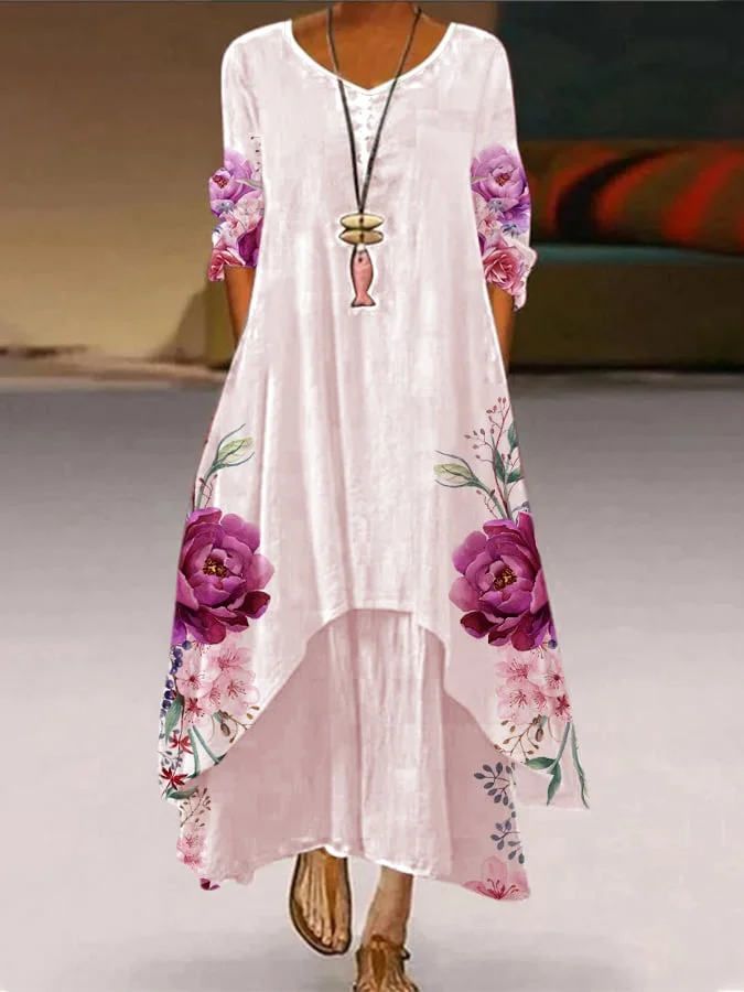 Women's Elegant Casual Double Layer Print Contrast Color Dress