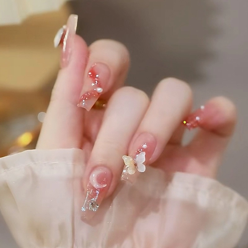 Wear Nail Beauty Nail Piece TikTok Hot Blush Gradient Butterfly Nail Sticker Finished Detachable Fake Nail