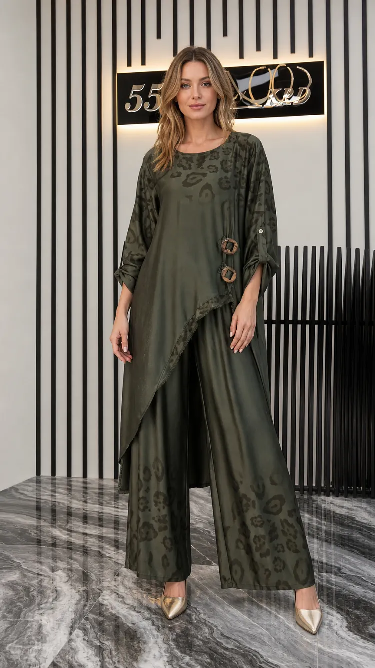 Women's Asymmetrical Draped Tunic and Wide-Leg Pants Two-Piece Set