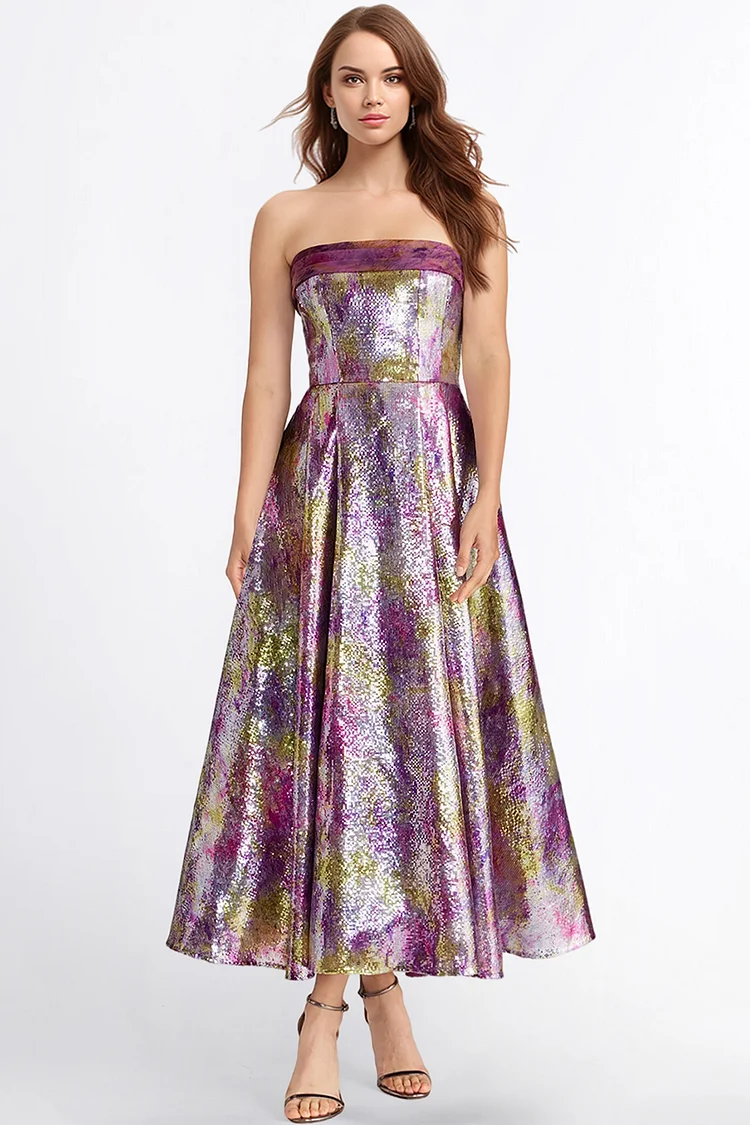 Zaruci Cocktail Purple Metallic Strapless A-Line Maxi Dress [Pre-Order]