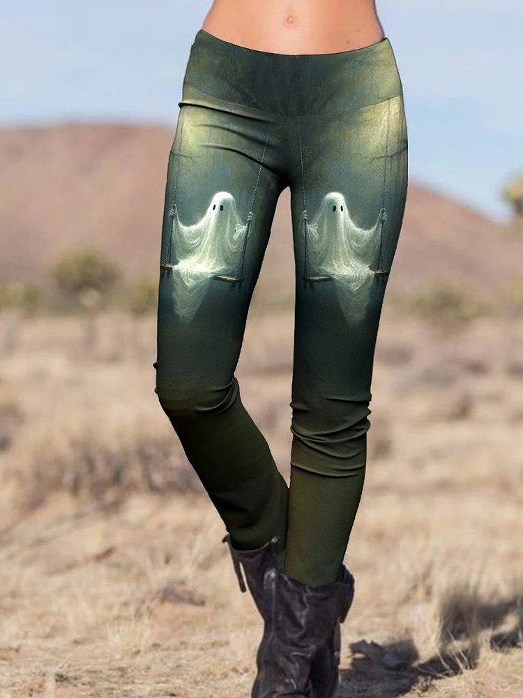 Women's Ghost Art Print Halo Dye Elastic Casual Leggings
