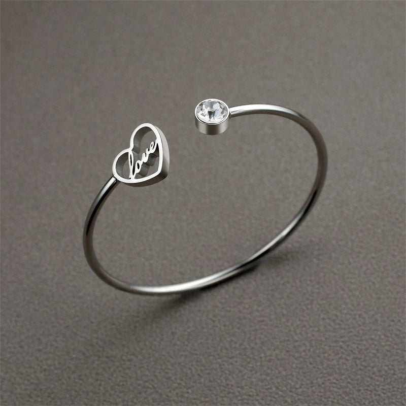 Casual Minimalist Classic Style Love Heart Shape Stainless Steel Titanium Steel Zircon Cuff Bracelets In Bulk