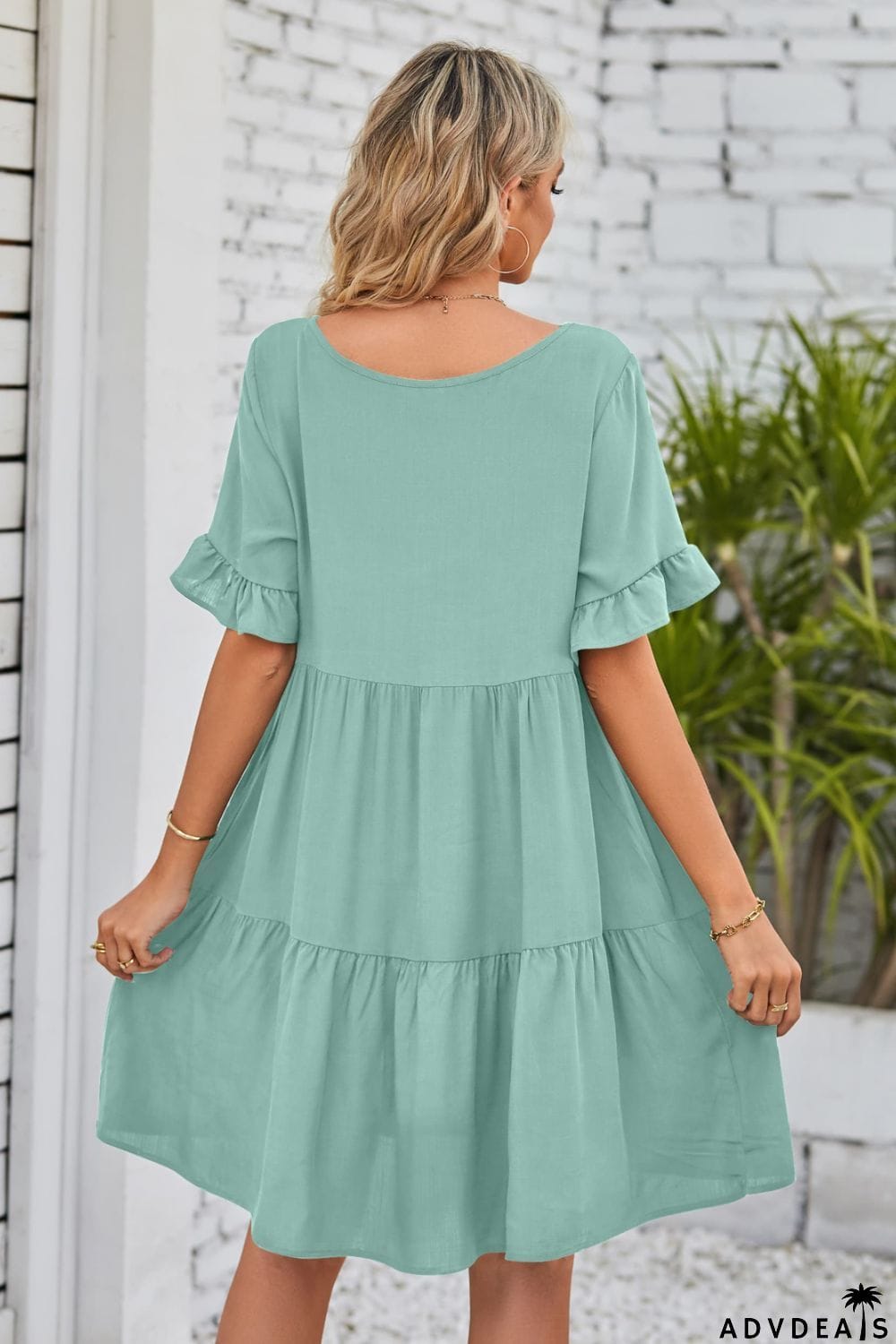 V-Neck Flounce Sleeve Tiered Dress