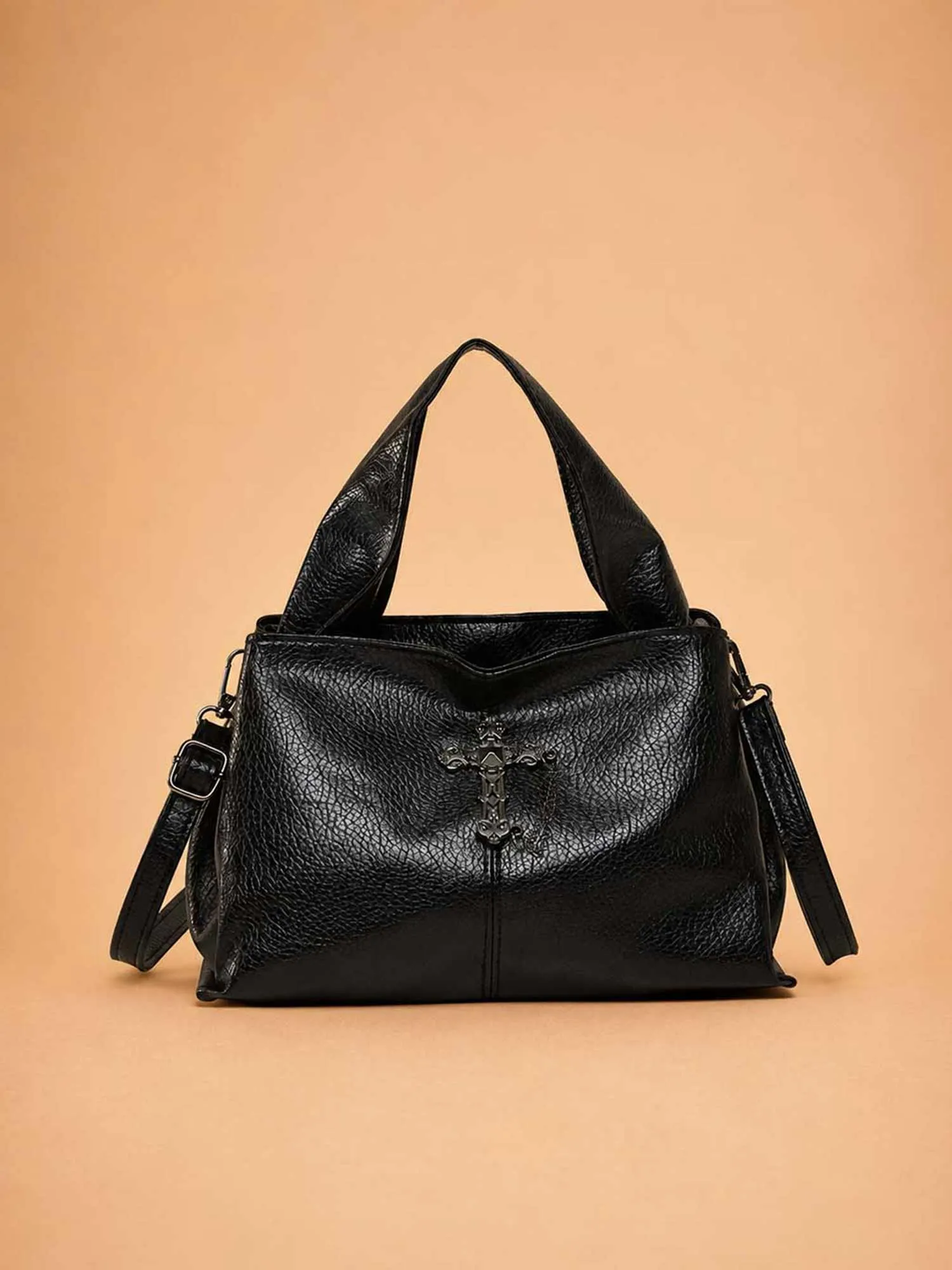 Perfect for an Art Gallery Stroll &mdash; Vintage Patina Gothic Cross Detailing Premium Leather Top-Handle Bag
