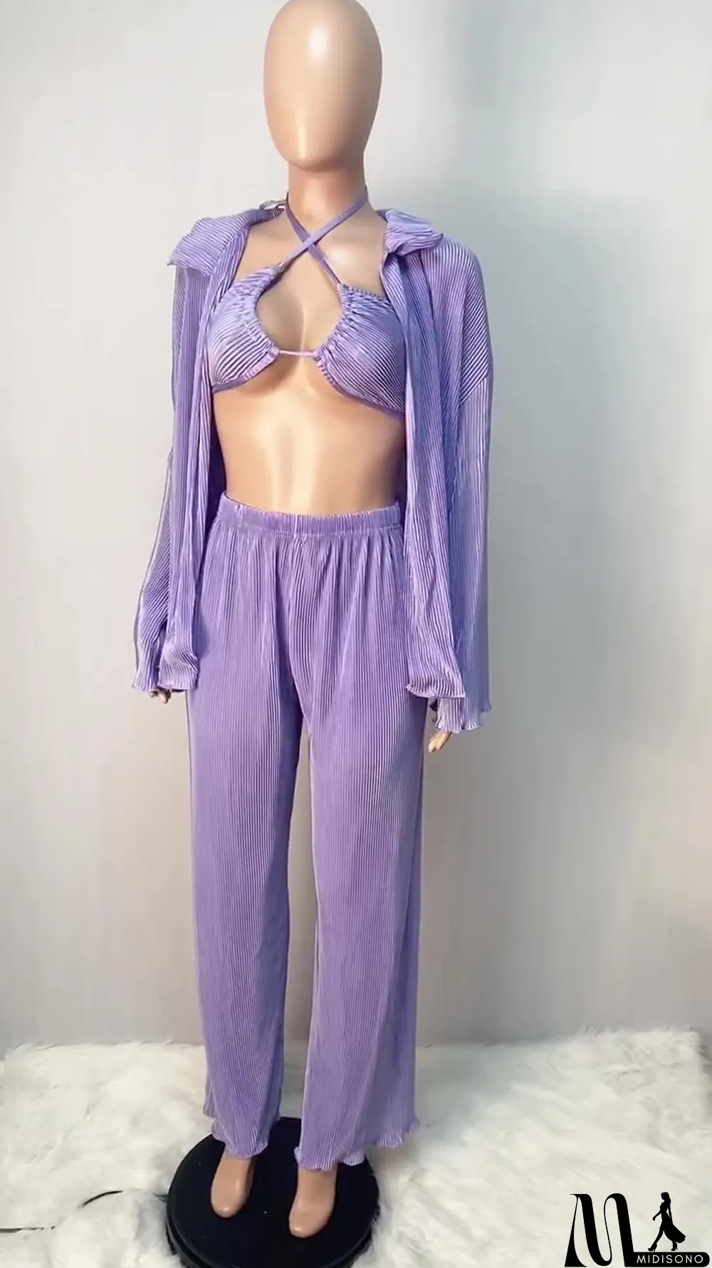 MidiSono - Fall Solid Color Wide Leg Pants Three-Piece Set