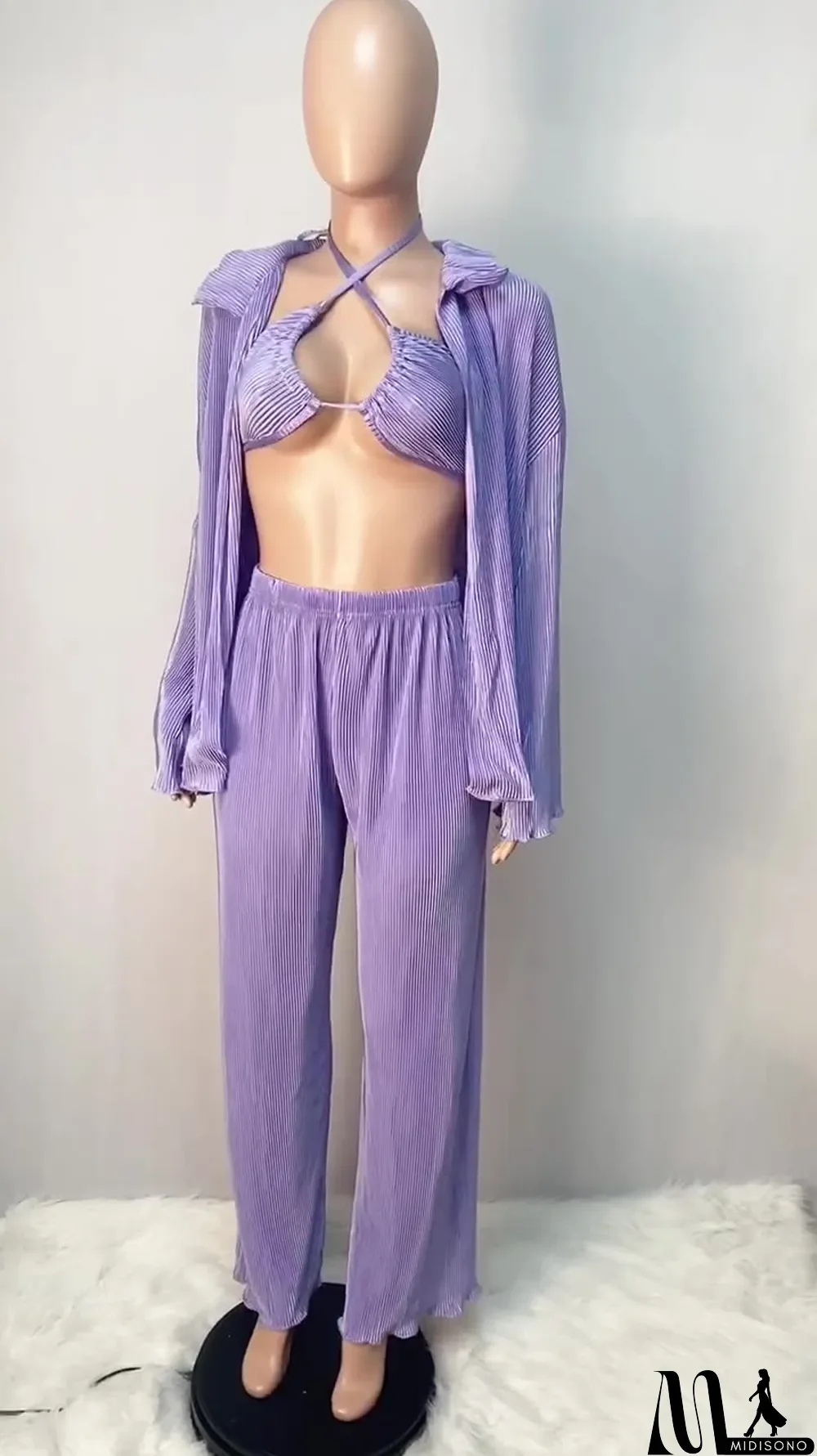 MidiSono - Fall Solid Color Wide Leg Pants Three-Piece Set