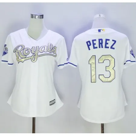 Royals #13 Salvador Perez White 2015 World Series Champions Gold Program Cool Base Women's Stitched MLB Jersey