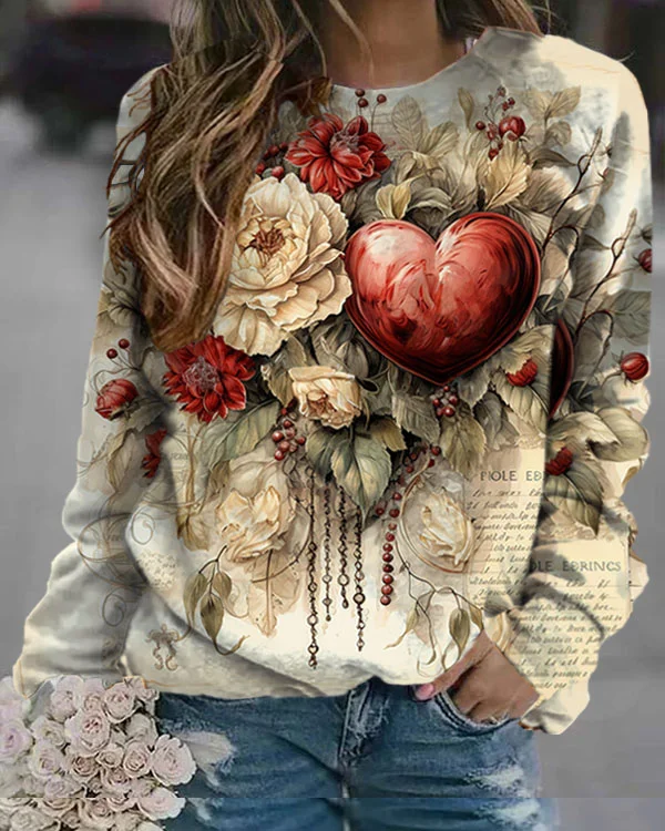 Retro Chic Valentine Heart Floral Long Sleeve Sweatshirt ​
