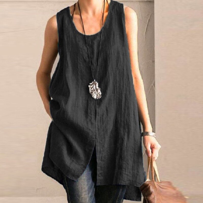 Summer Women Sleeveless Blouse Vintage Tanks Tops Cotton Linen Shirt Female Solid Loose Blusas Plus Size Split Tunic