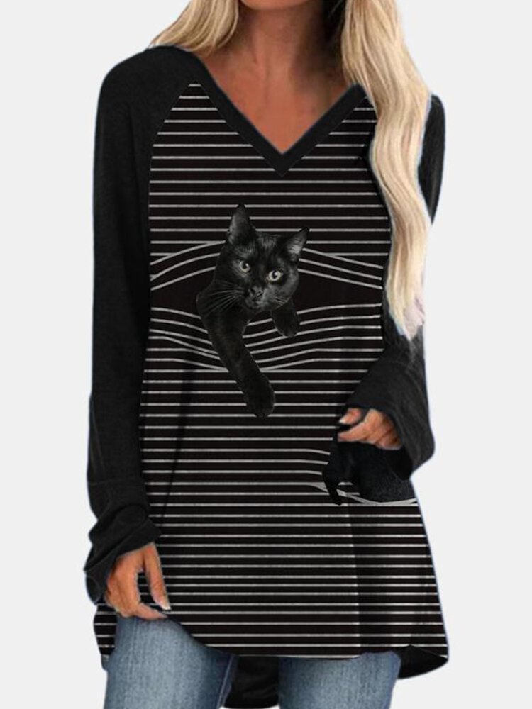 Black Cat Print Long Sleeve V neck White Striped T shirt For Women P1762699