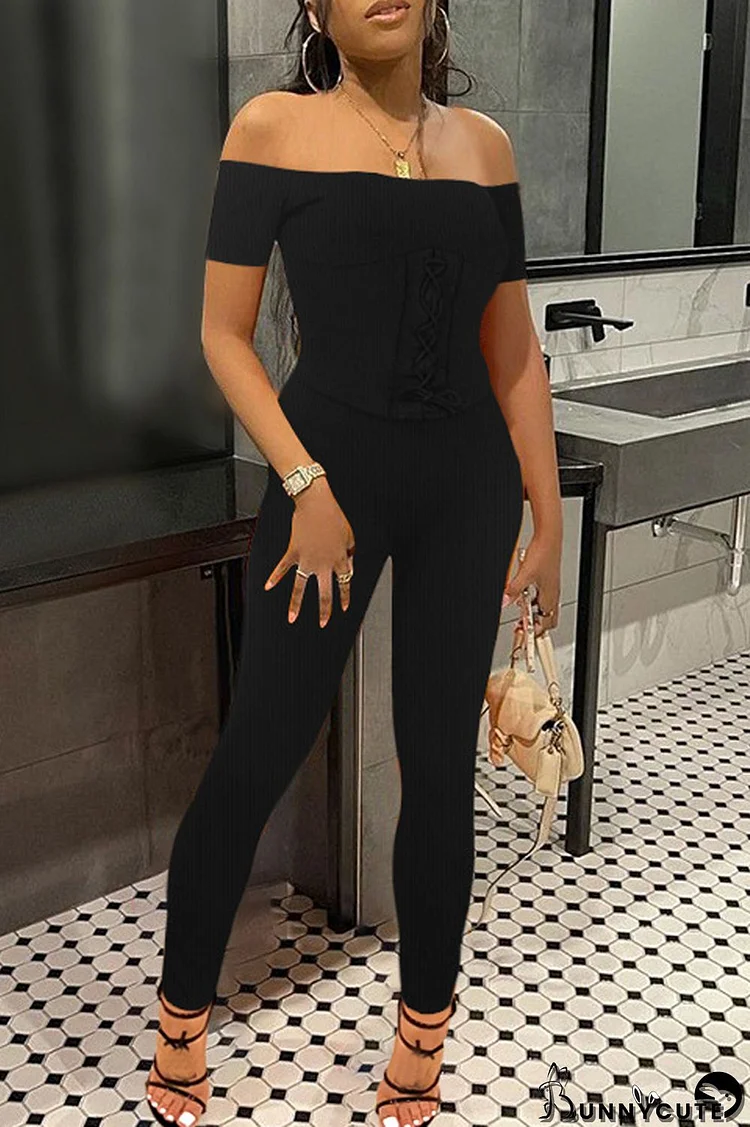 Black Casual Solid Backless Off the Shoulder Skinny Jumpsuits