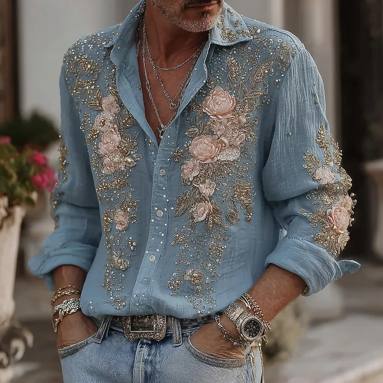 Men's Vintage Rose Floral Embroidered Comfort Linen Shirt