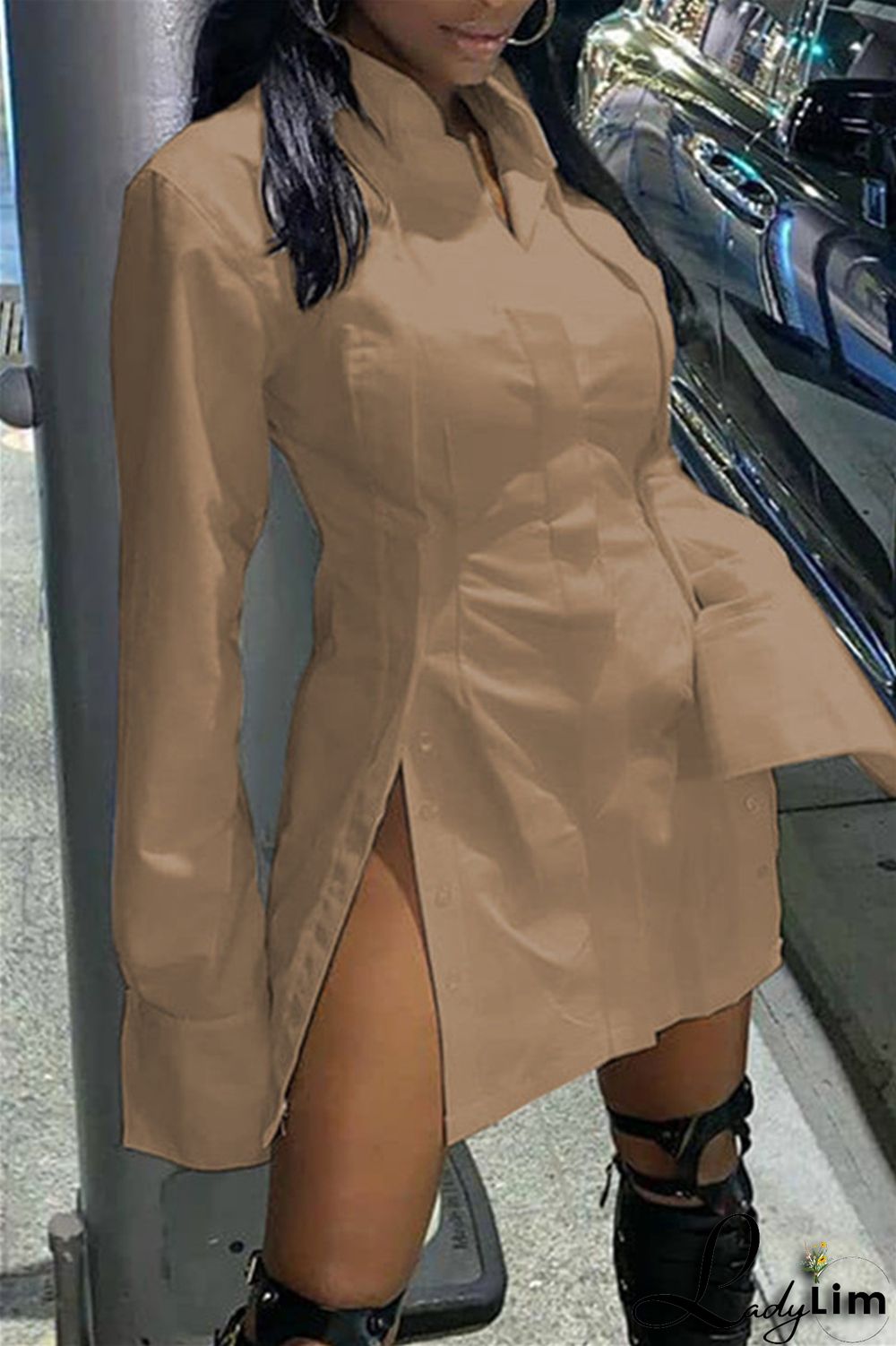 Black Fashion Casual Solid Slit Turndown Collar Shirt Dress Dresses