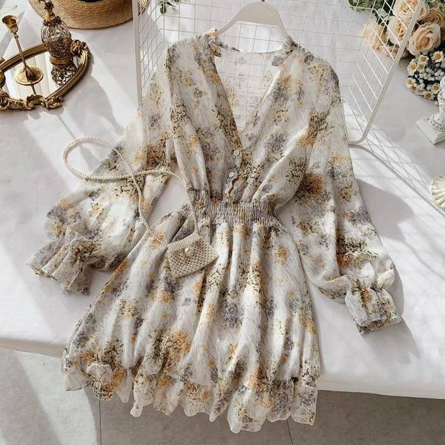 V-neck long-sleeved chiffon floral dresses