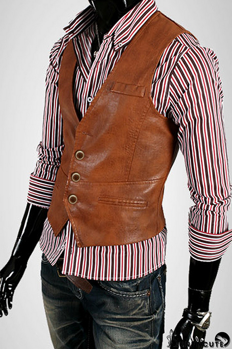 Brown Fashion Casual Solid Split Joint Buckle V Neck Tops