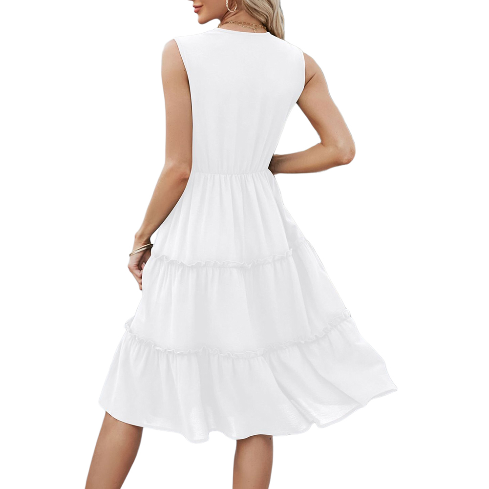 White Lace V Neck Tiered Sleeveless Casual Dress