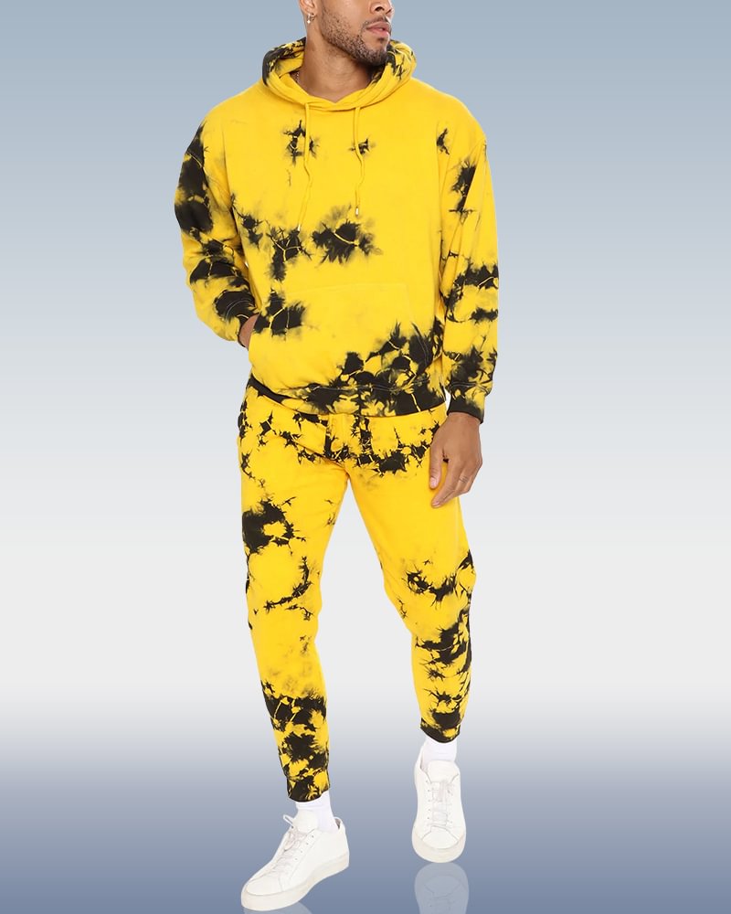 Men's Yellow Tie Dye Print Hoodie Set
