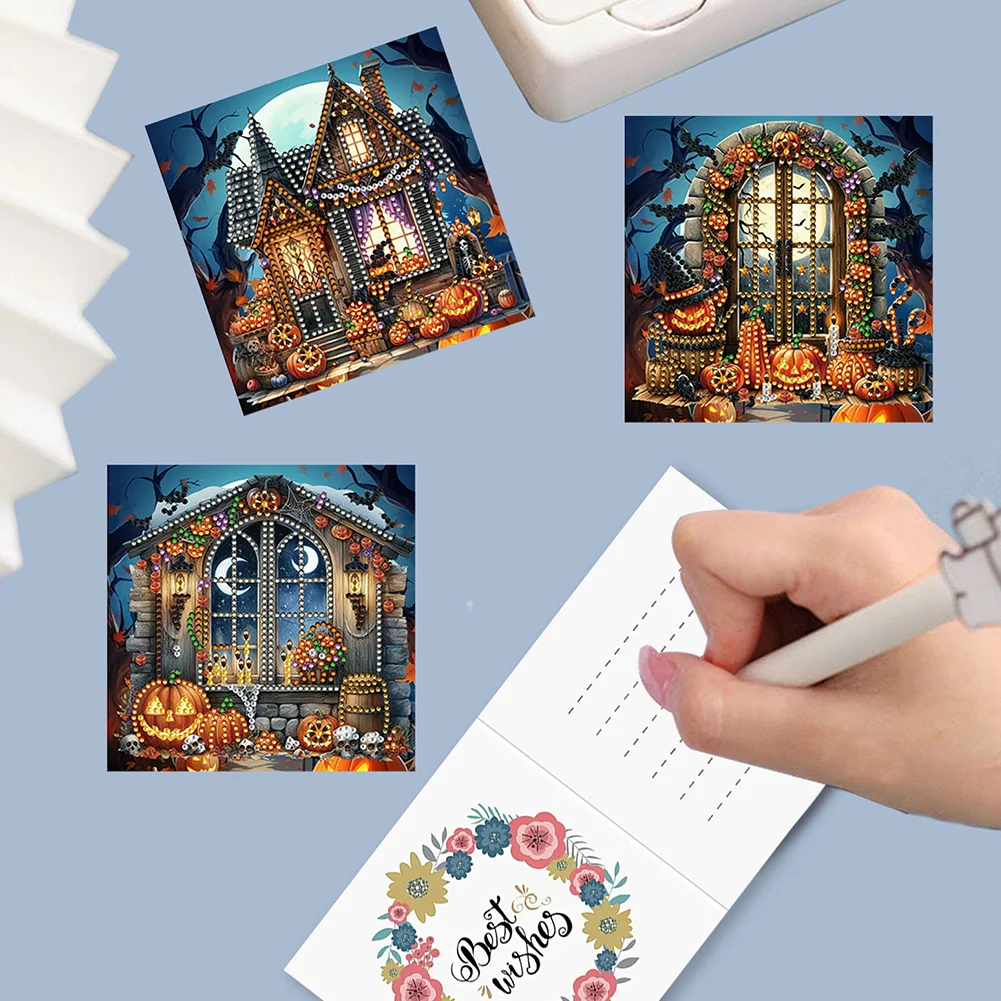6pcs DIY Halloween House Special Shape Diamond Painting Greeting Card Kit【With White Envelope】