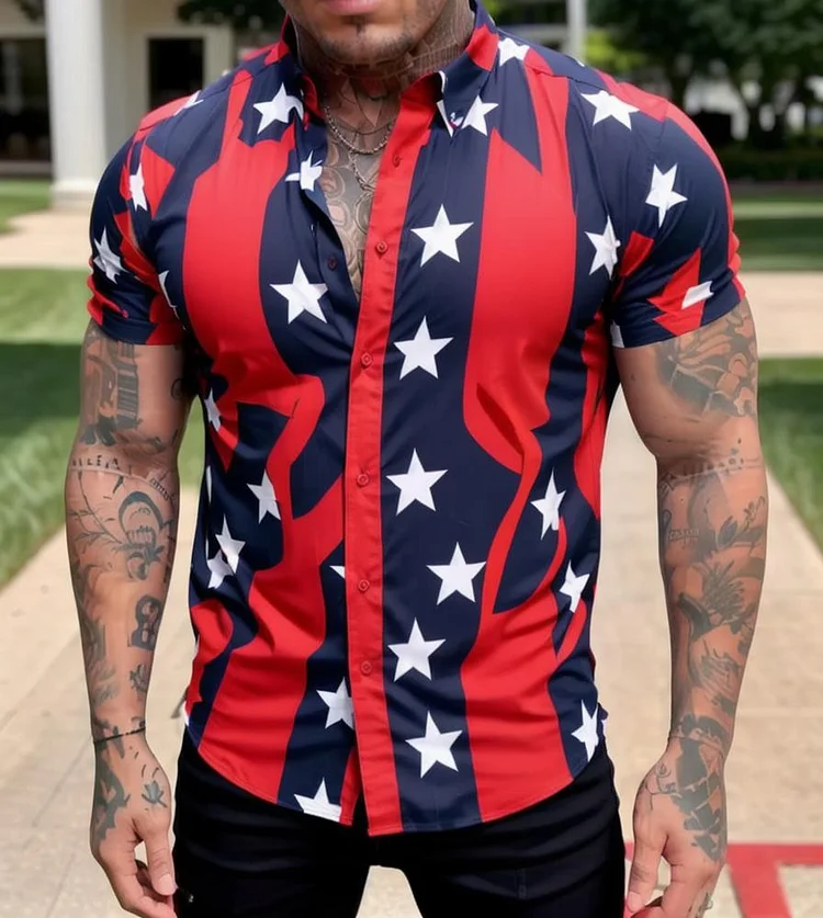 Restro Men's Casual Flag Printed Short Sleeve Shirt at Hiphopee