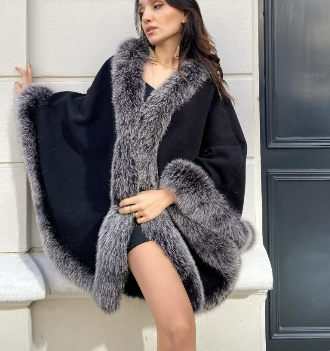 Black Fox and Cashmere Winter Women's Poncho Jacket Plus Size - Warm Cape Overcoat Long Cloak Outwear Casual Shawl 180