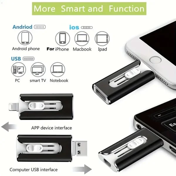 ✨32~256GB Micro USB + 8 Pin + USB 3.0 4 in 1 Mobile Phone Computer U-Disk