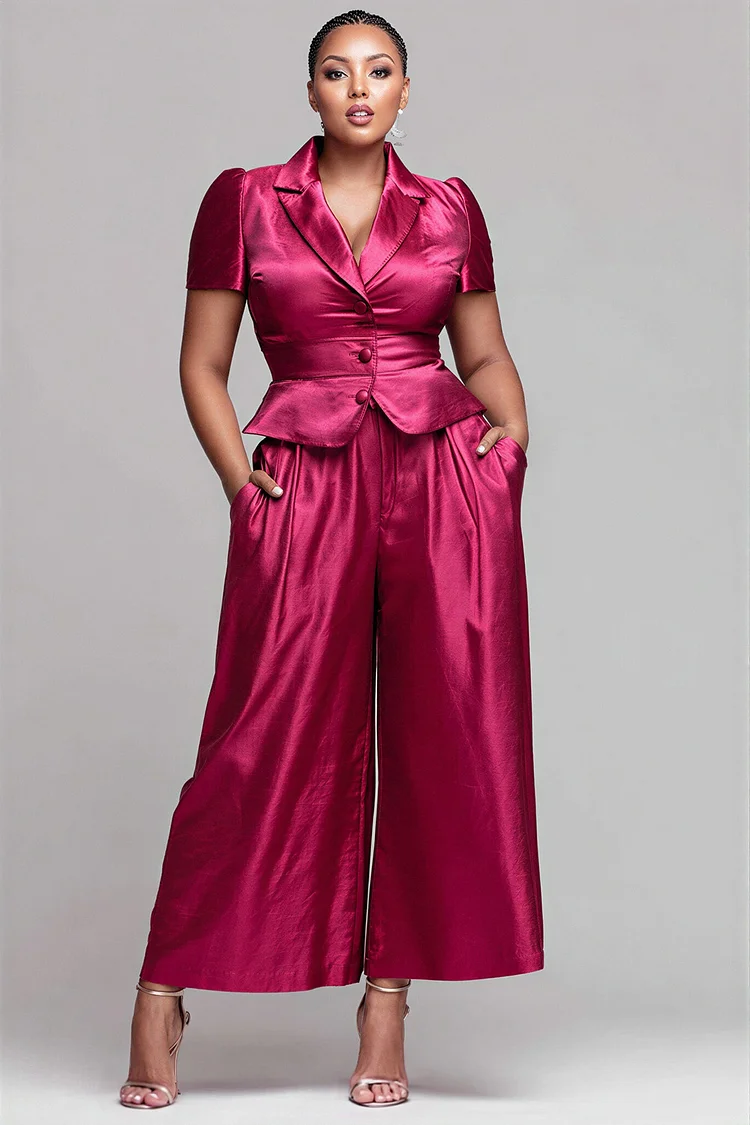 Xpluswear Design Plus Size Formal Elegant Red Turndown Collar Short Sleeve Pocket Two Piece Pant Sets [Pre-Order] 2024 - Xpluswear