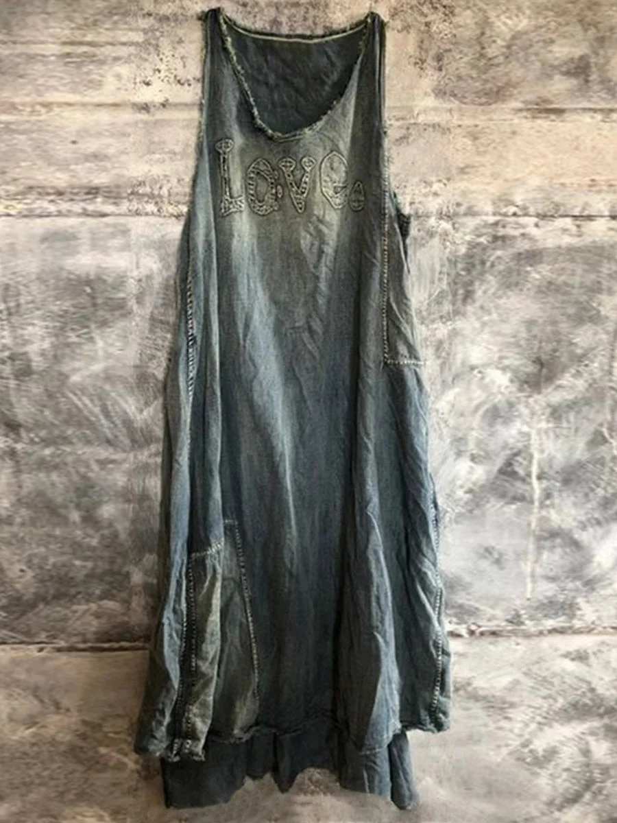 Distressed Vintage Love Print Midi Dress