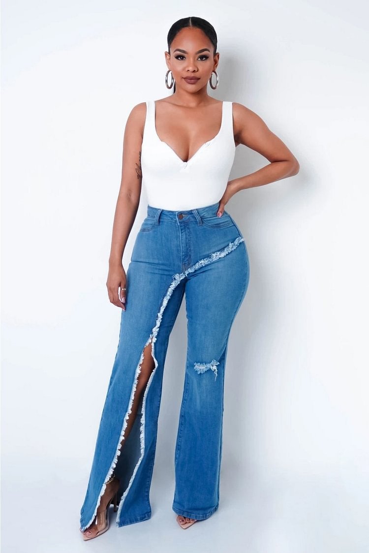 High Waist Slit Jeans Flared Denim Trousers