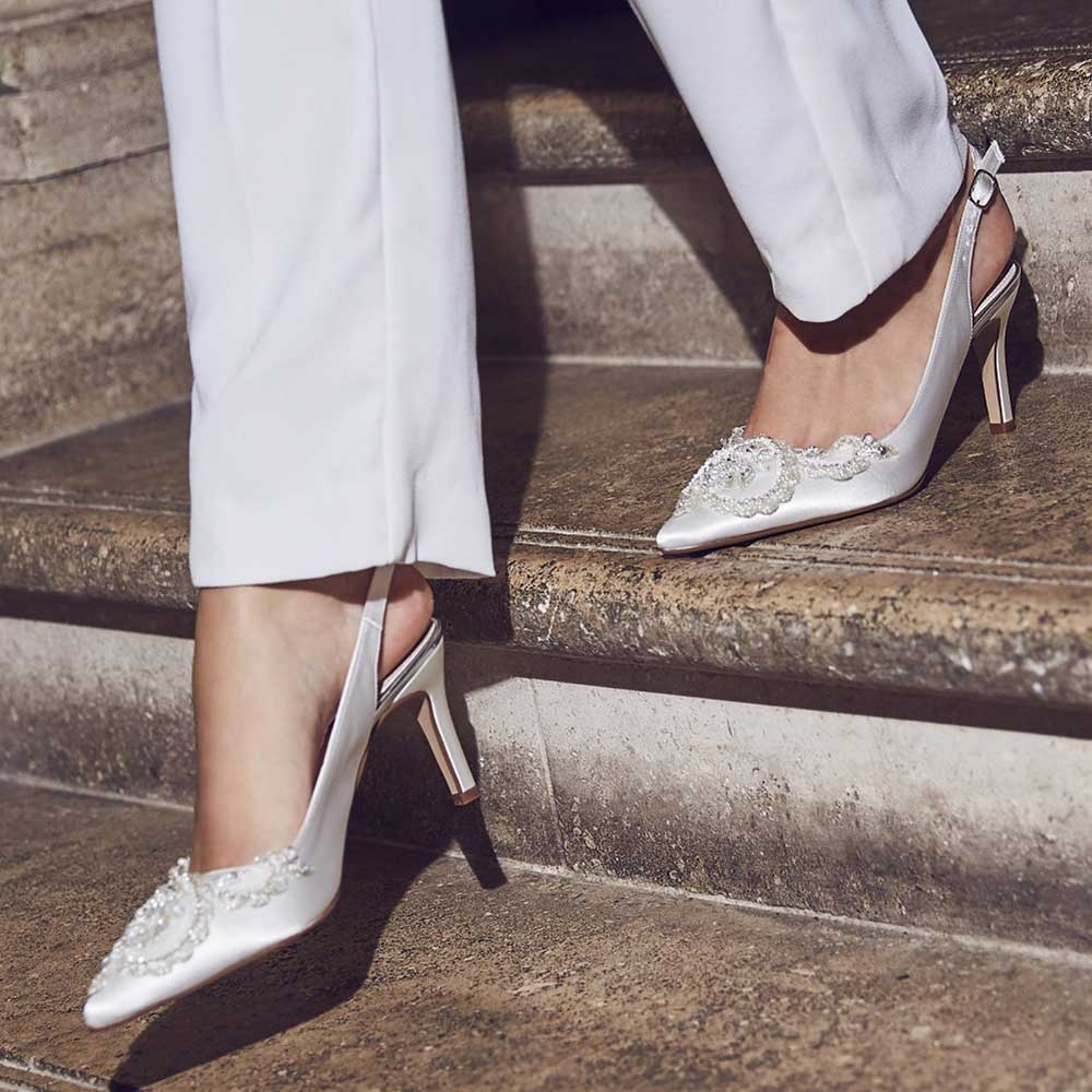 Ivory Satin Pointed Toe Stiletto Heel Rhinestone Pumps for Women Nicepairs