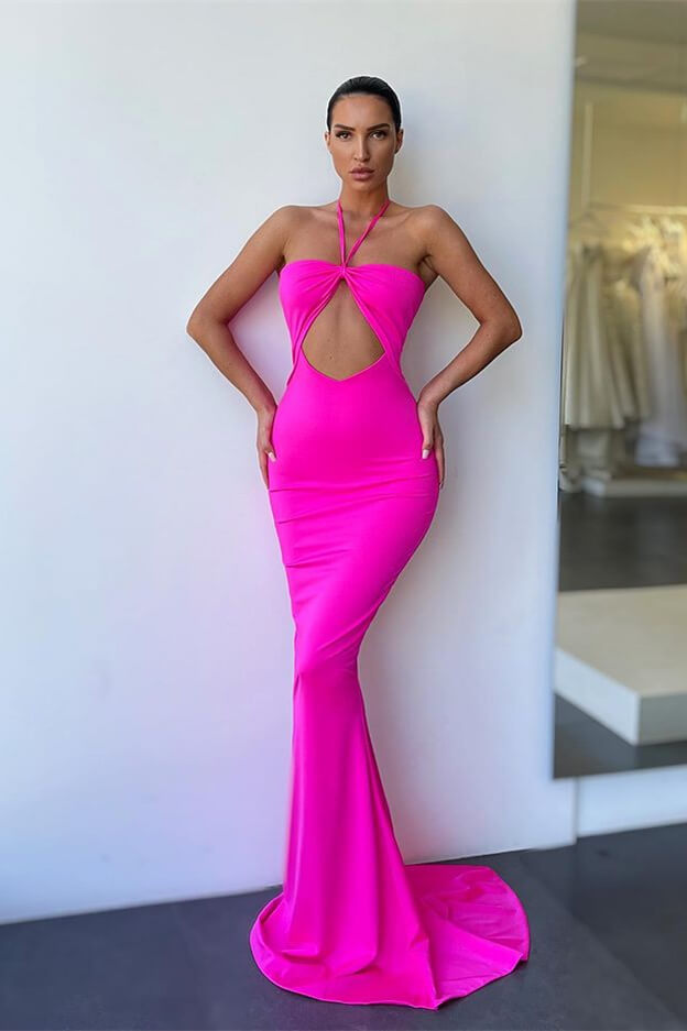 Bellasprom Hot Pink Halter Mermaid Evening Dress Sleeveless On Sale Bellasprom