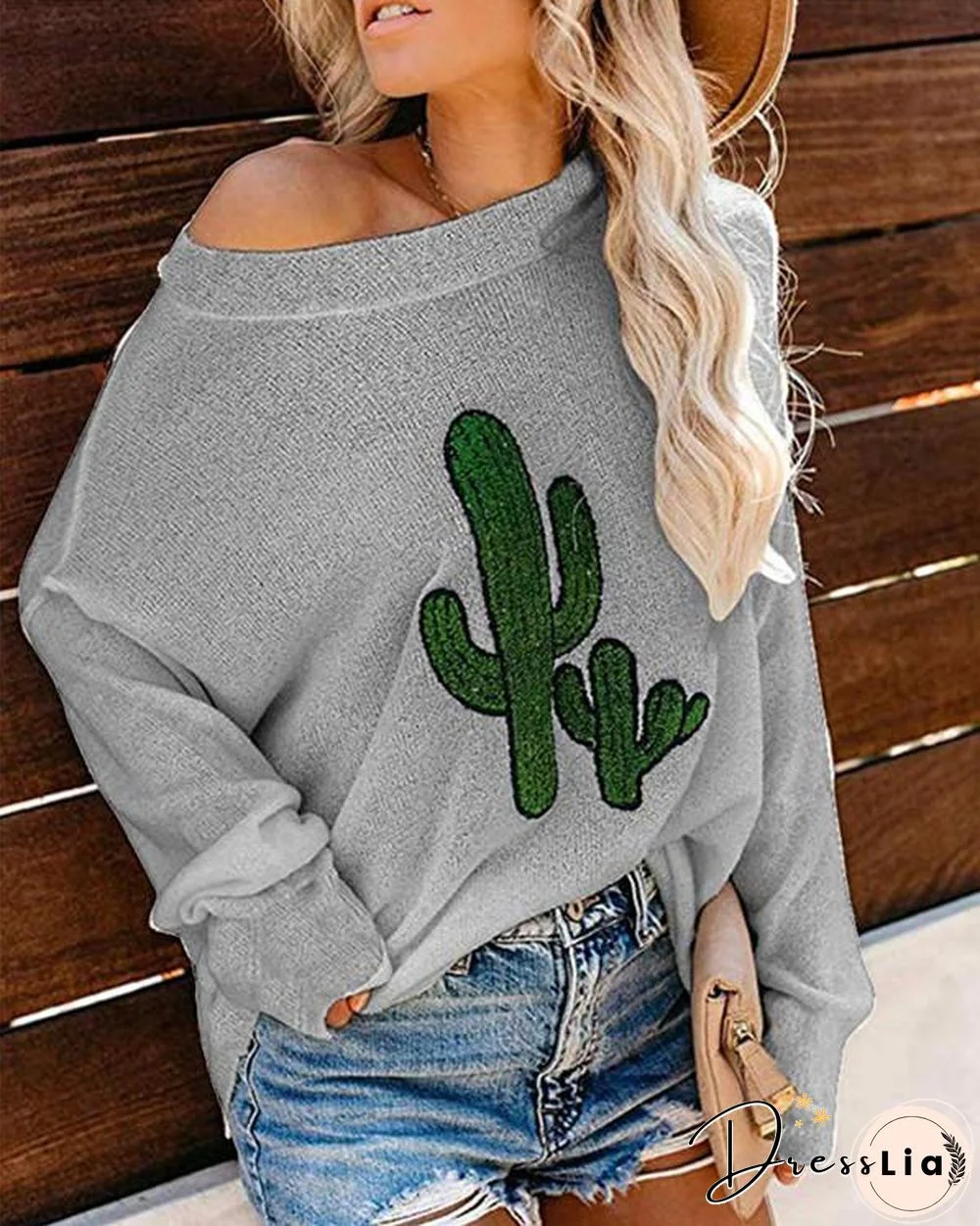 Cactus Cartoon Long Sleeve Sweater Casual Round Neck Daily Shift Tops