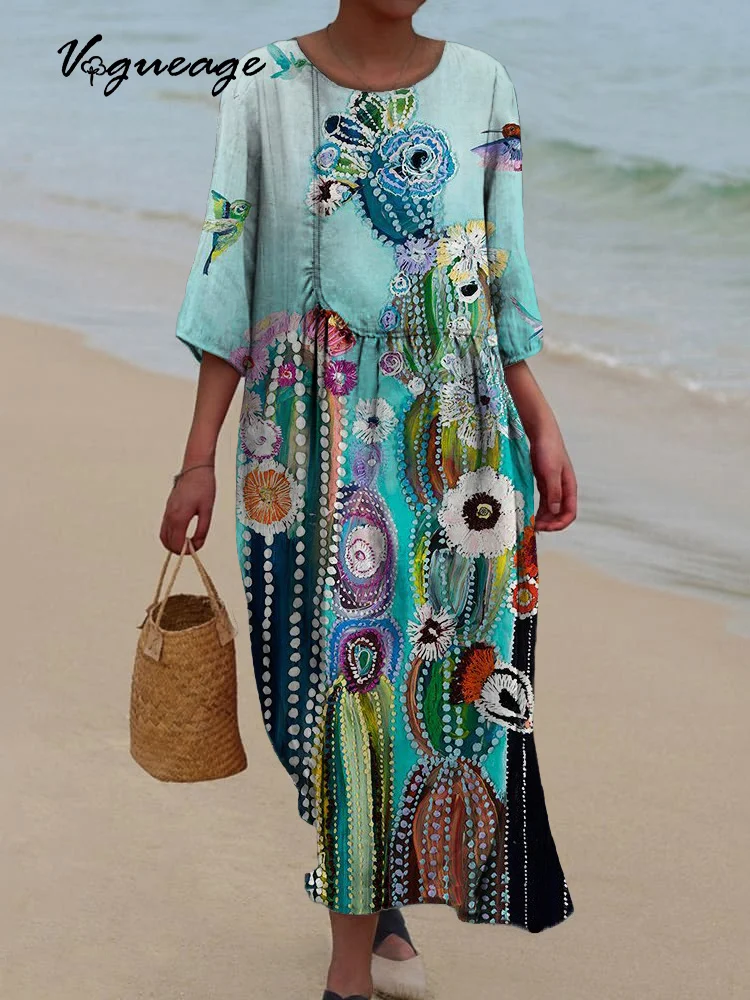 Elegant Cactus Flowers Printed Women's Casual Cotton And Linen Dress