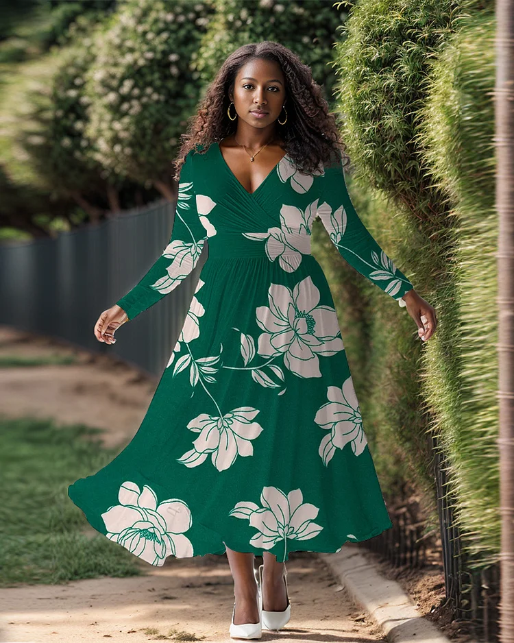 Plus Size Women's Fashion Prints Long Sleeve V Neck Dress