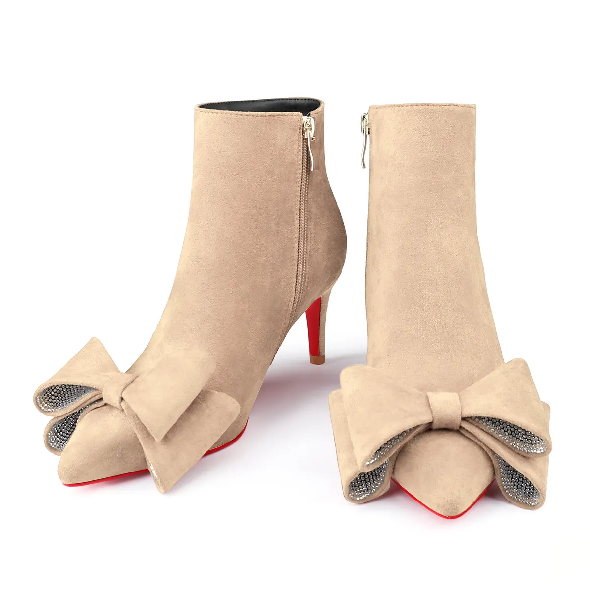 60mm Women's Pointed Toe Bow Rhinestone Ankle Boots Kitten Heel Single Strap Red Bottom Suede Booties-vocosishoes
