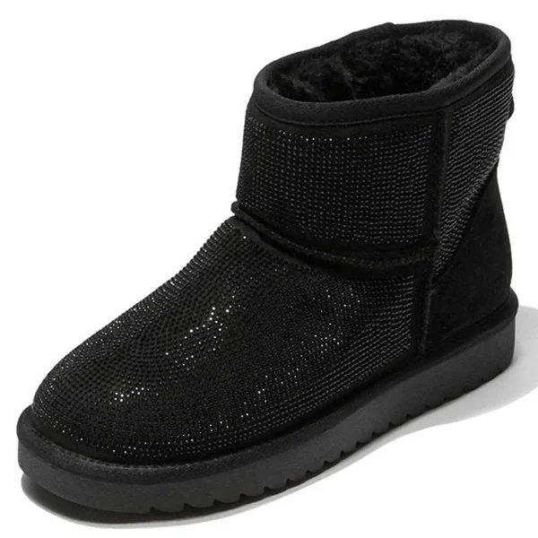 Black Suede Snow Boots Rhinestone Hotfix Short Winter Boots Nicepairs