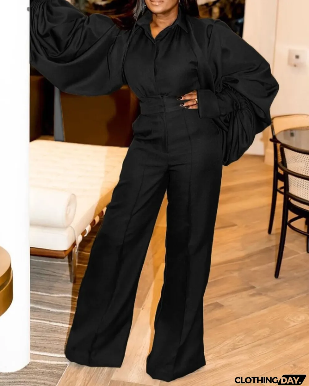 Fall Fashion Balck Turn Down Collar Wide Long Sleeves Loose Jumpsuit